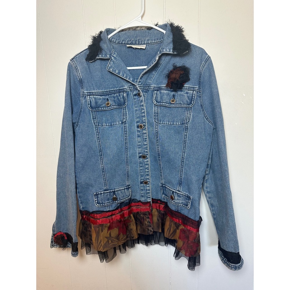 Women's Light Blue Denim Jacket with Mixed Fabric Hem